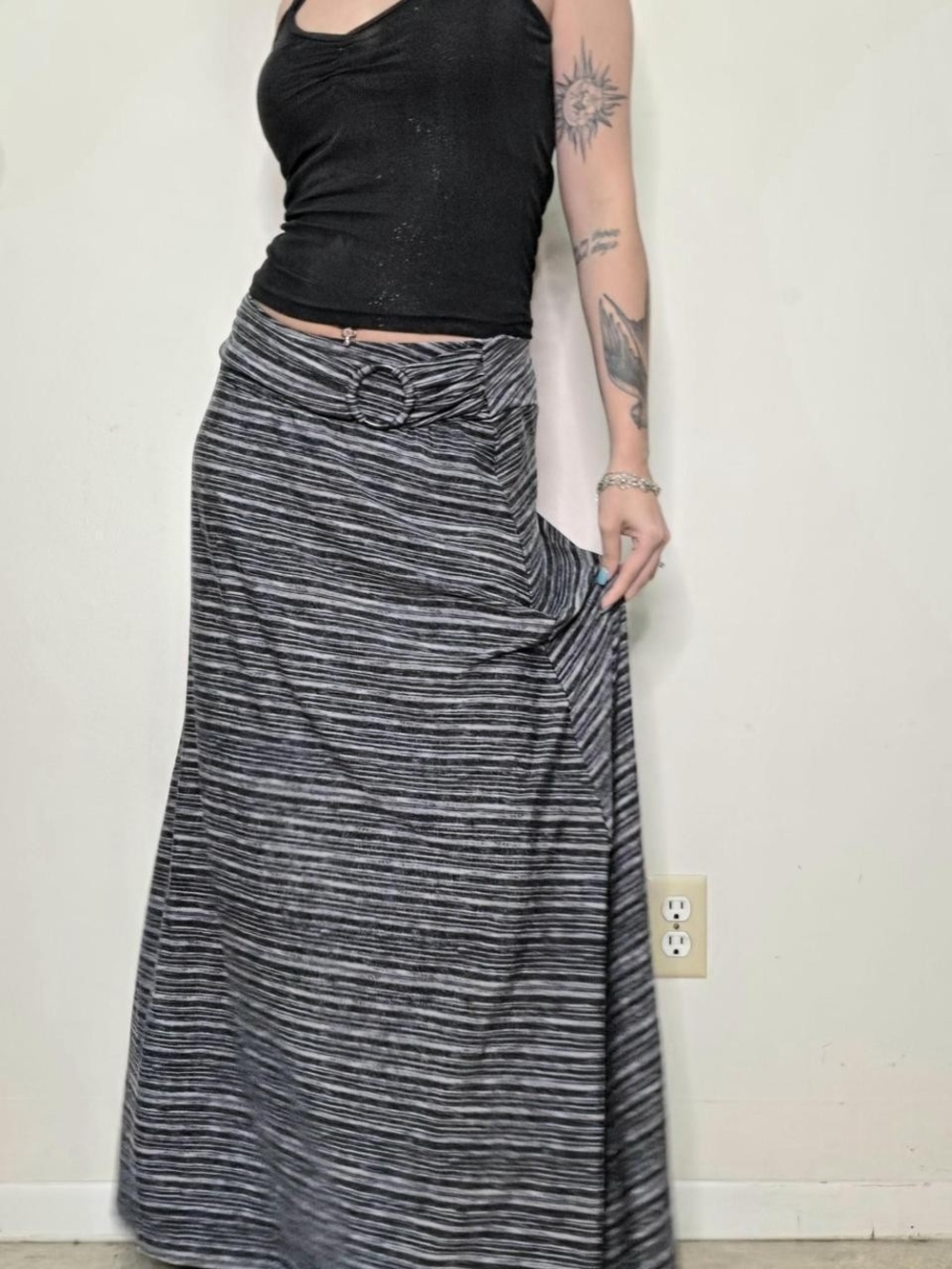 Y2K Striped Black & Gray Maxi Skirt with Belt Detail